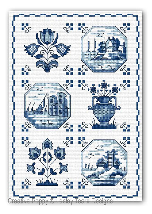 Lesley Teare Designs - Delft Tiles zoom 4 (cross stitch chart)