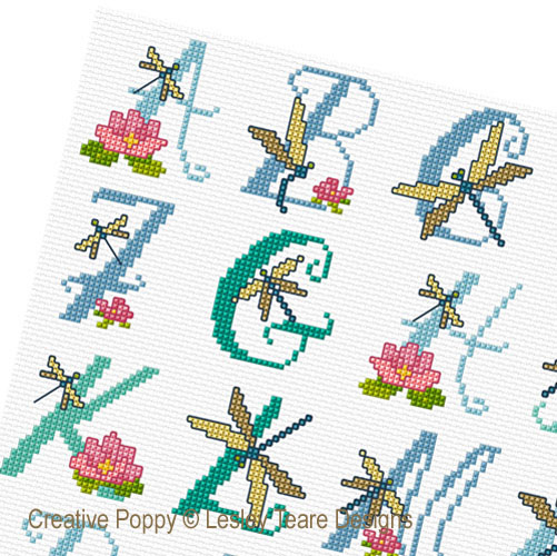 Dragonfly Alphabet cross stitch pattern by Lesley Teare designs, zoom 1