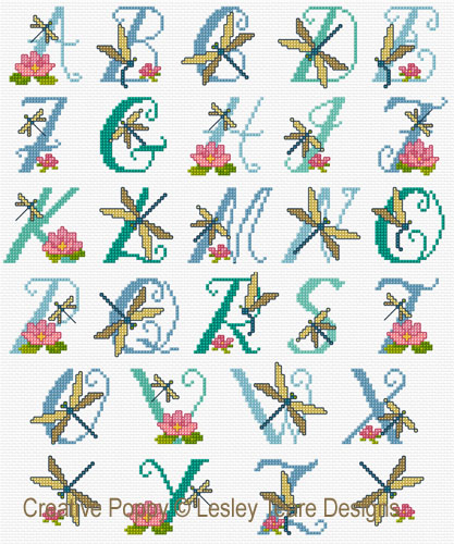 <b>Dragonfly Alphabet</b><br>cross stitch pattern<br>by <b>Lesley Teare Designs</b>