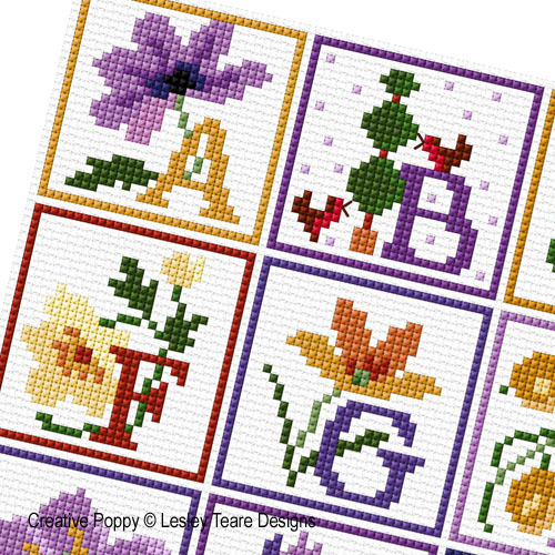 Floral Alphabet, cross stitch pattern by Lesley Teare