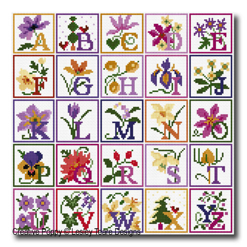 Floral Alphabet, cross stitch pattern, by Lesley Teare