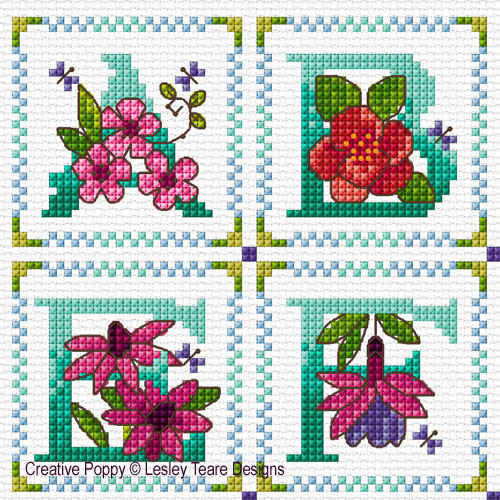 Lesley Teare Designs : Floral Alphabet Sampler (counted cross stitch pattern)(zoom)