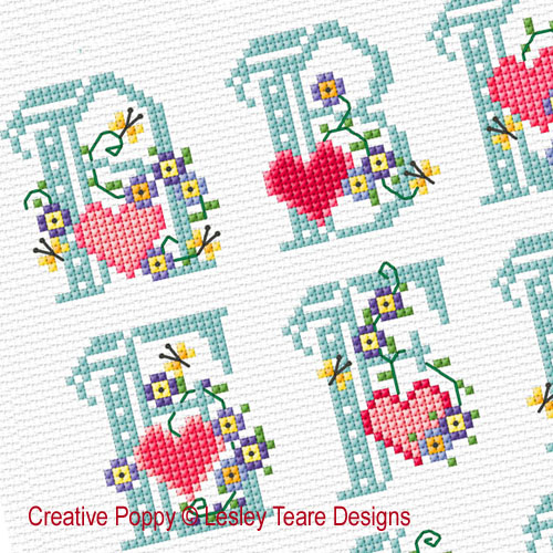 Floral Hearts ABC cross stitch pattern by Lesley Teare designs, zoom 1