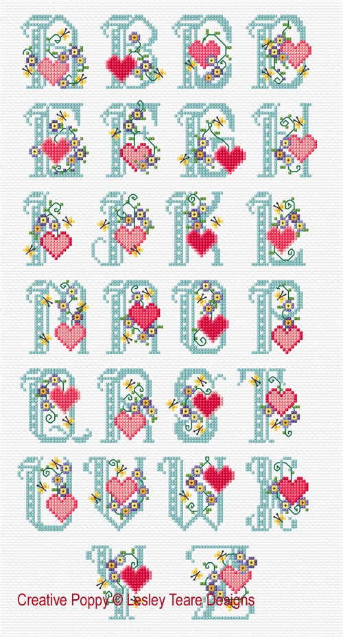 Lesley Teare Designs - Floral hearts ABC (cross stitch chart)