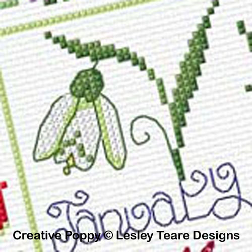 Lesley Teare Designs - Flower Calendar sampler zoom 1 (cross stitch chart)