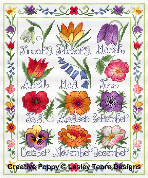 Flower calendar sampler, cross stitch pattern by Lesley Teare Designs