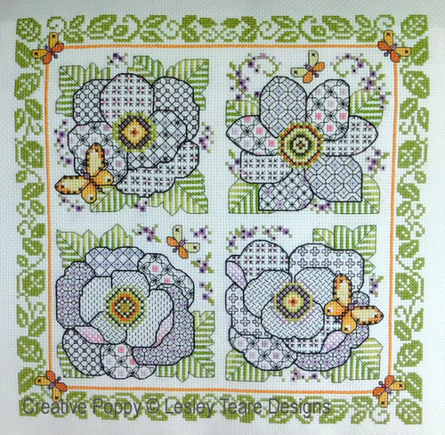 Four Blackwork Flowers, cross stitch pattern by Lesley Teare Designs