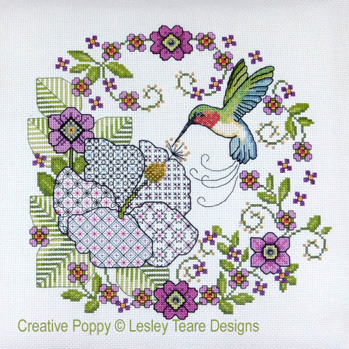 <b>Hibiscus and Hummingbird</b><br>Blackwork & Cross stitch pattern<br>by <b>Lesley Teare Designs</b>