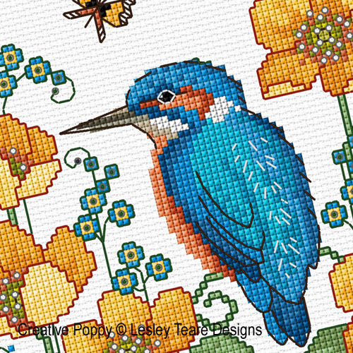 Lesley Teare Designs - Marsh Marigold and Kingfisher, zoom 1 (Cross stitch chart)