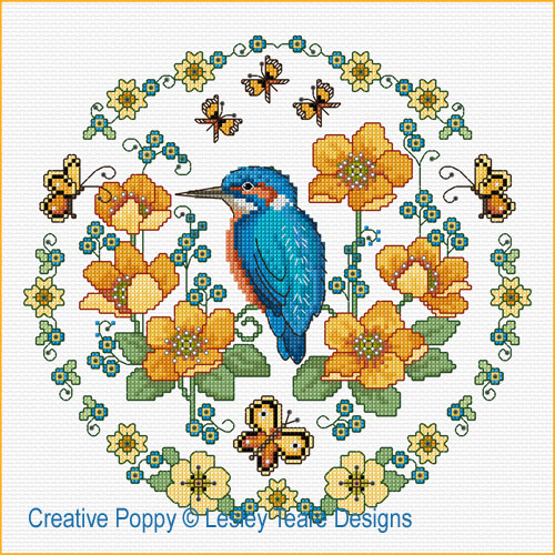 Lesley Teare Designs - Marsh Marigold and Kingfisher (Cross stitch chart)