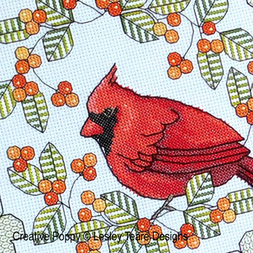 Northern Cardinal in Autumn cross stitch pattern by Lesley Teare Designs, zoom 1