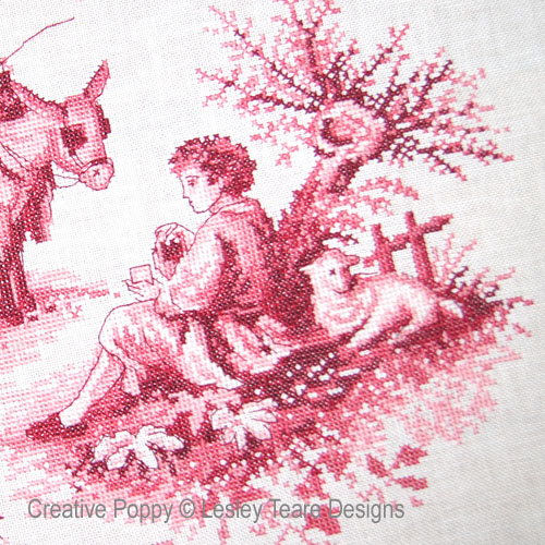 Pink Toile de Jouy cross stitch pattern by Lesley Teare Designs, zoom 1