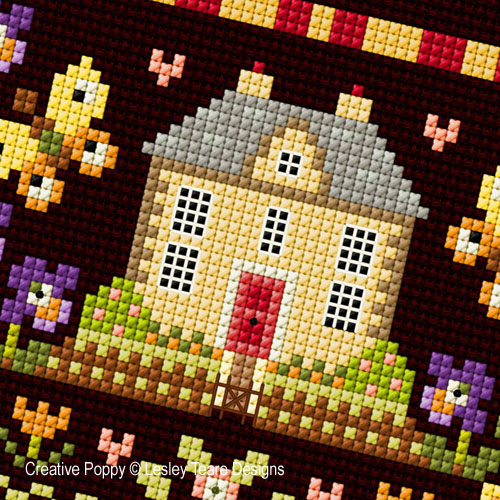 Spring House Sampler, cross stitch pattern, by Lesley Teare (zoom)