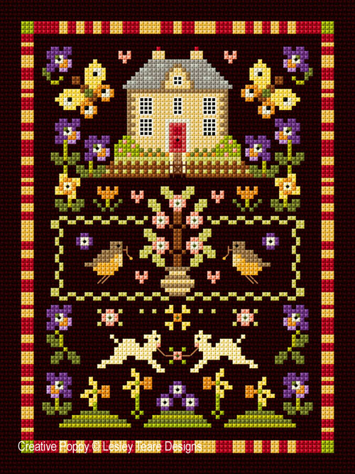 Spring House Sampler, cross stitch pattern, by Lesley Teare