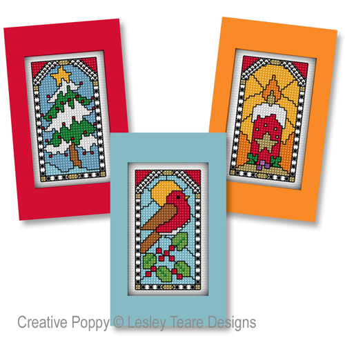 Stained Glass Christmas Cards cross stitch pattern by Lesley Teare Designs, zoom 1