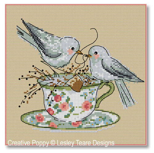 Teatime Birds cross stitch pattern by Lesley Teare Designs