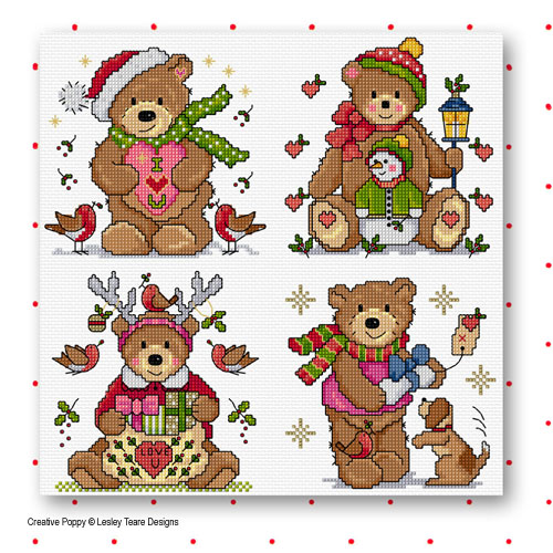 <b>Teddy Christmas cards</b><br>cross stitch pattern<br>by <b>Lesley Teare Designs</b>