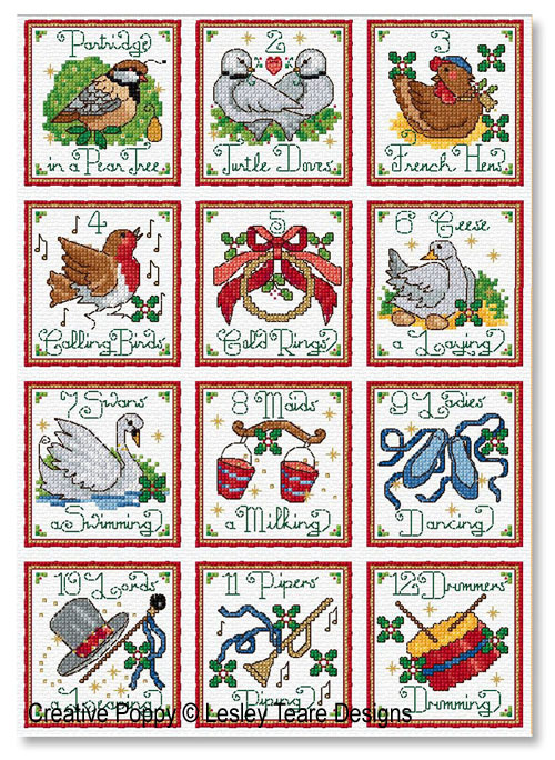 <b>Twelve Days of Christmas</b><br>cross stitch pattern<br>by <b>Lesley Teare Designs</b>