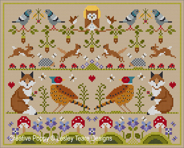 Woodland sampler cross stitch pattern by Lesley Teare Designs