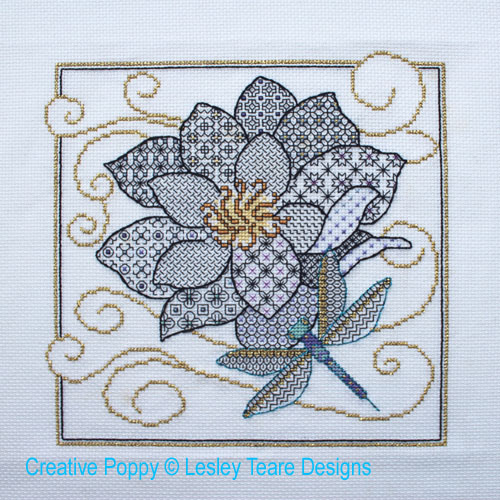 Flower and Dragonfly Blackwork cross stitch pattern by Lesley Teare Designs