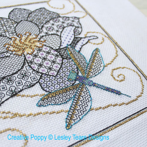 Flower and Dragonfly Blackwork cross stitch pattern by Lesley Teare Designs, zoom 1