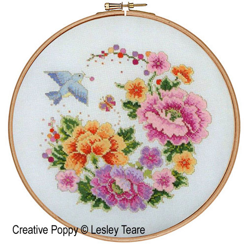 Lesley Teare Designs - Oriental Bird and Flower Design zoom 1 (cross stitch chart)