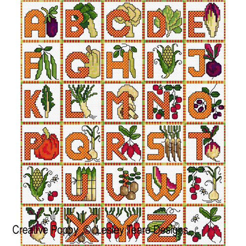 <b>Vegetable Alphabet</b><br>cross stitch pattern<br>by <b>Lesley Teare Designs</b>
