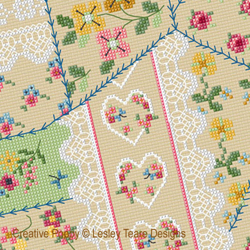 Lesley Teare Designs - Vintage Crazy patchwork zoom 2 (cross stitch chart)