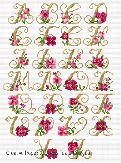 Alphabet - Roses cross stitch pattern by Lesley Teare Designs