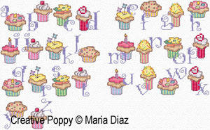 <b>Cupcake alphabet</b><br>cross stitch pattern<br>by <b>Maria Diaz</b>