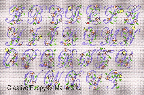 Daisy Chain alphabet cross stitch pattern by Maria Diaz designs