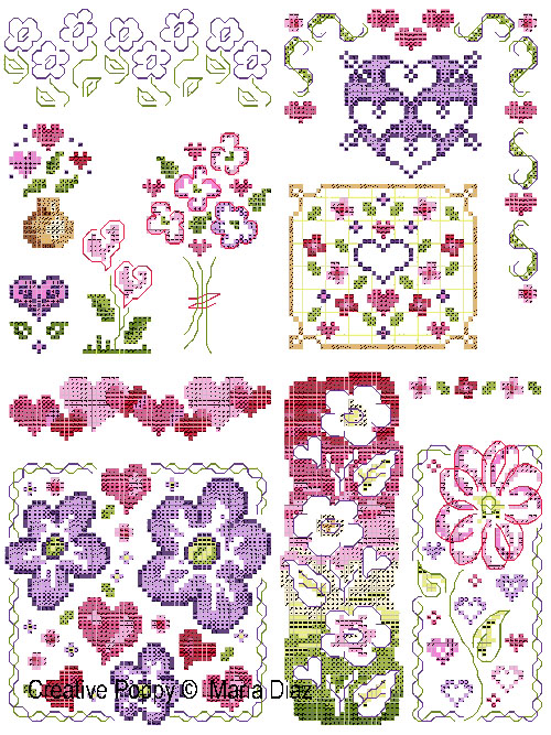 Pink & Purple Florals cross stitch pattern by Maria Diaz Designs