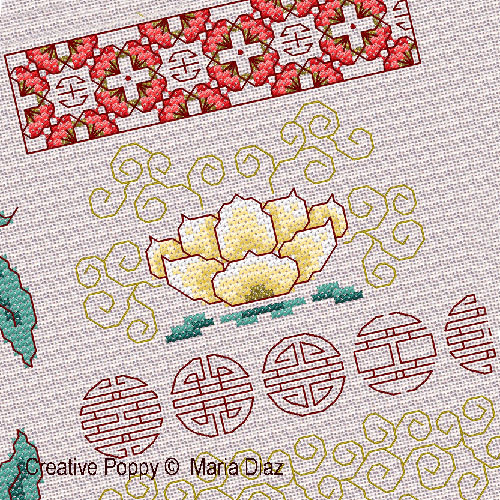 Oriental florals cross stitch pattern by Maria Diaz Designs, zoom1