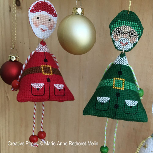 Fun Christmas characters (Santa, Angel, Elf)Set of 3 hanging ornaments cross stitch pattern by Marie-Anne Réthoret-Mélin, zoom 1