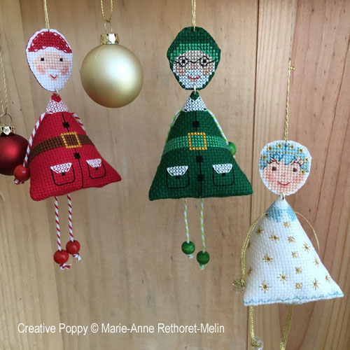 Fun Christmas characters (Santa, Angel, Elf)Set of 3 hanging ornaments cross stitch pattern by Marie-Anne Réthoret-Mélin