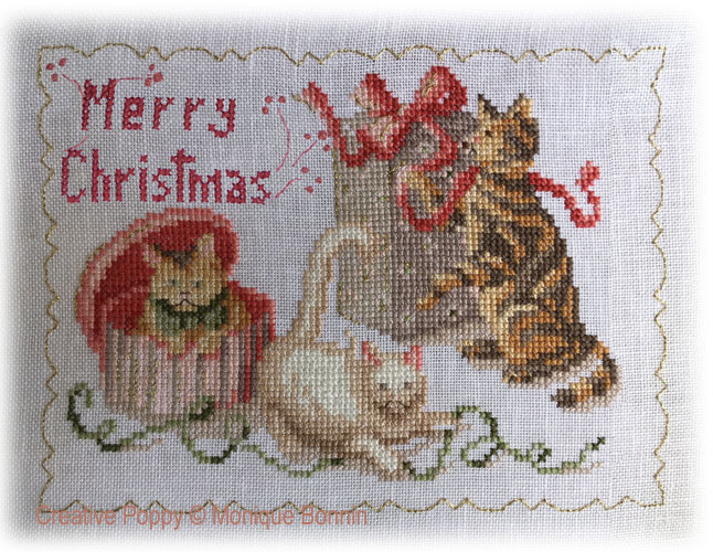 Merry Christmas with Kitten - Vintage greeting card cross stitch pattern by Monique Bonnin