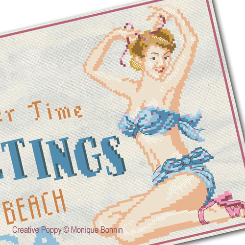 Pin-up girl on the Beach, cross stitch pattern by Monique Bonnin