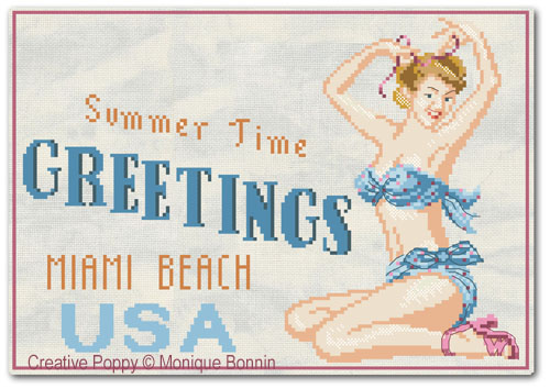 Pin-up girl on the Beach, cross stitch pattern, by Monique Bonnin