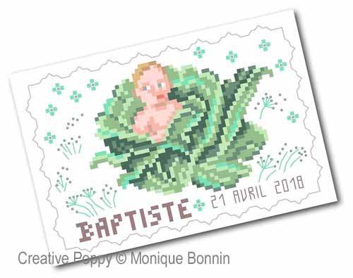 Monique Bonnin - Vintage Postcard - Baby Birth Boy/Girl zoom 2 (cross stitch chart)