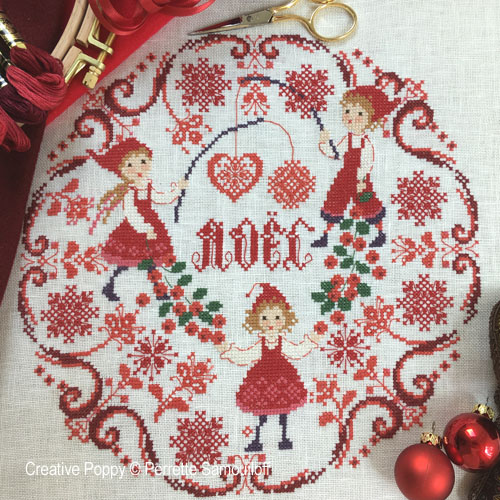 Little Christmas Elves Wreath, cross stitch pattern by Perrette Samouiloff