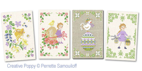 Perrette Samouiloff - 4 Easter motifs - Easter bells, Beribboned, The coquette hen, Two chocolate eggs (Cross stitch chart)