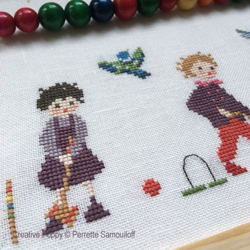 Happy Childhood: the Croquet game, cross stitch pattern, by Perrette Samouiloff (zoom)