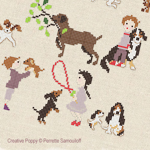 Happy Childhood: Dogs and Puppies, cross stitch pattern by Perrette Samouiloff, zoom 1
