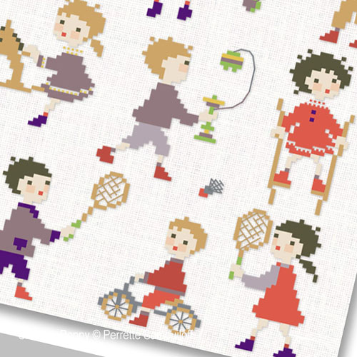 Happy Childhood: Old-fashioned games, cross stitch pattern, by Perrette Samouiloff (zoom)