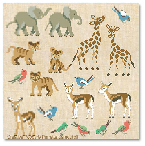 Savannah baby animals - mini motifs and alphabet, cross stitch pattern by Perrette Samouiloff
