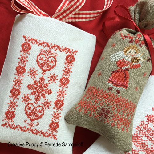 Small Christmas gift bags (1) - Angel, Hearts and Jacquard motif, cross stitch pattern by Perrette Samouiloff