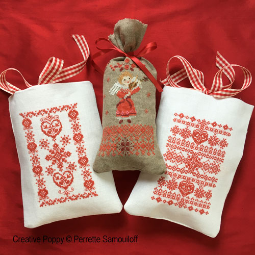 Small Christmas gift bags - Angel, Hearts, Jacquard motifs, cross stitch pattern by Perrette Samouiloff