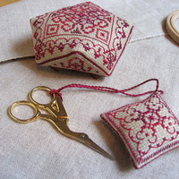 Red monochrome Biscornu &amp; scissor fob - cross stitch pattern - by Marie-Anne R&eacute;thoret-M&eacute;lin