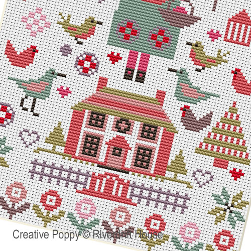 Riverdrift House - Pink House Mini Sampler zoom 2 (cross stitch chart)