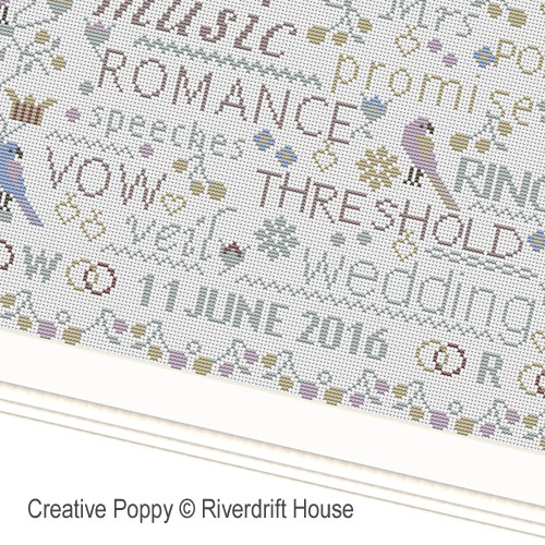 Riverdrift House - Birds and Words - Wedding / Anniversary Sampler zoom 3 (cross stitch chart)